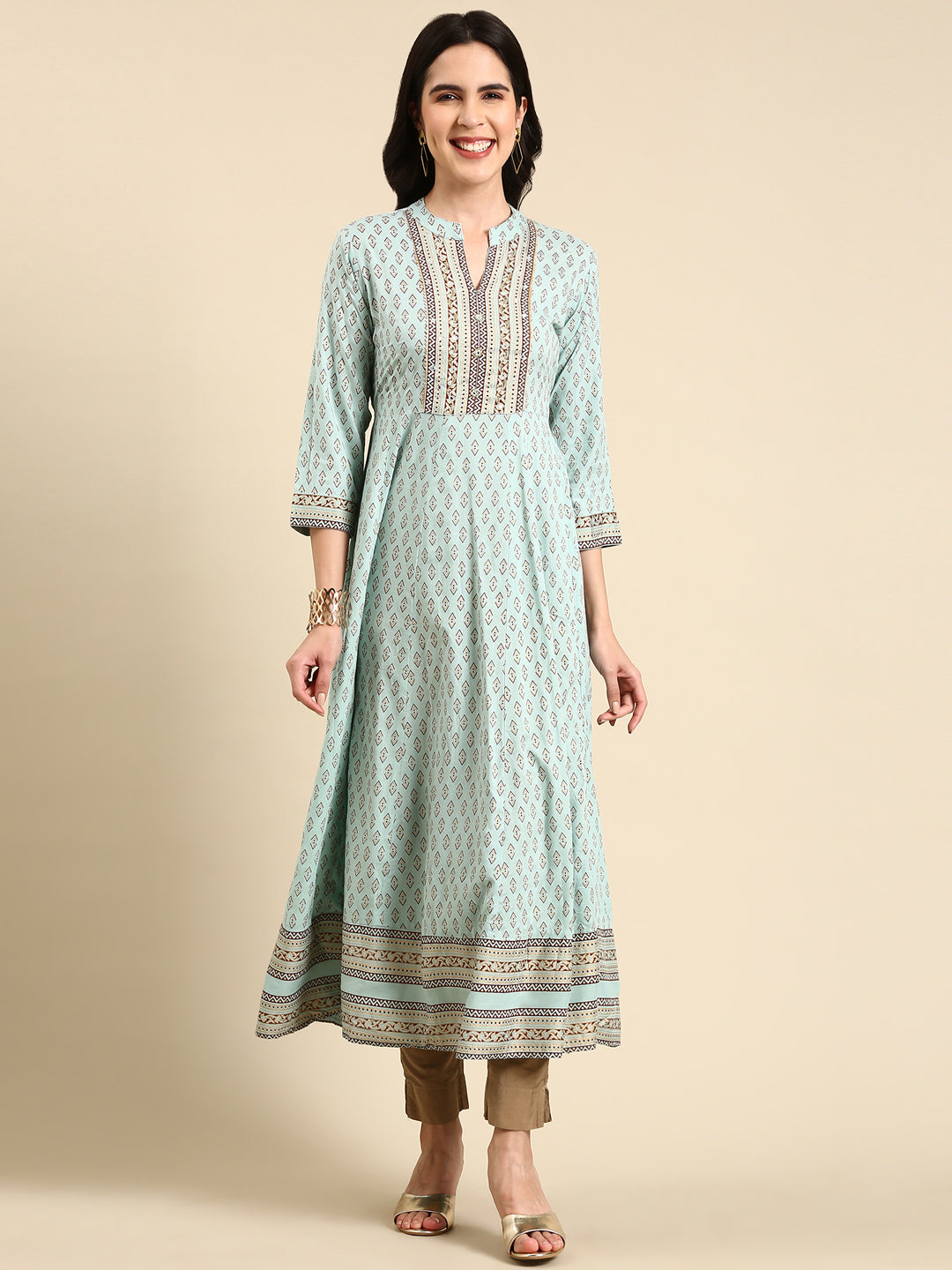 Women's Turquoise Blue Printed Anarkali Kurta