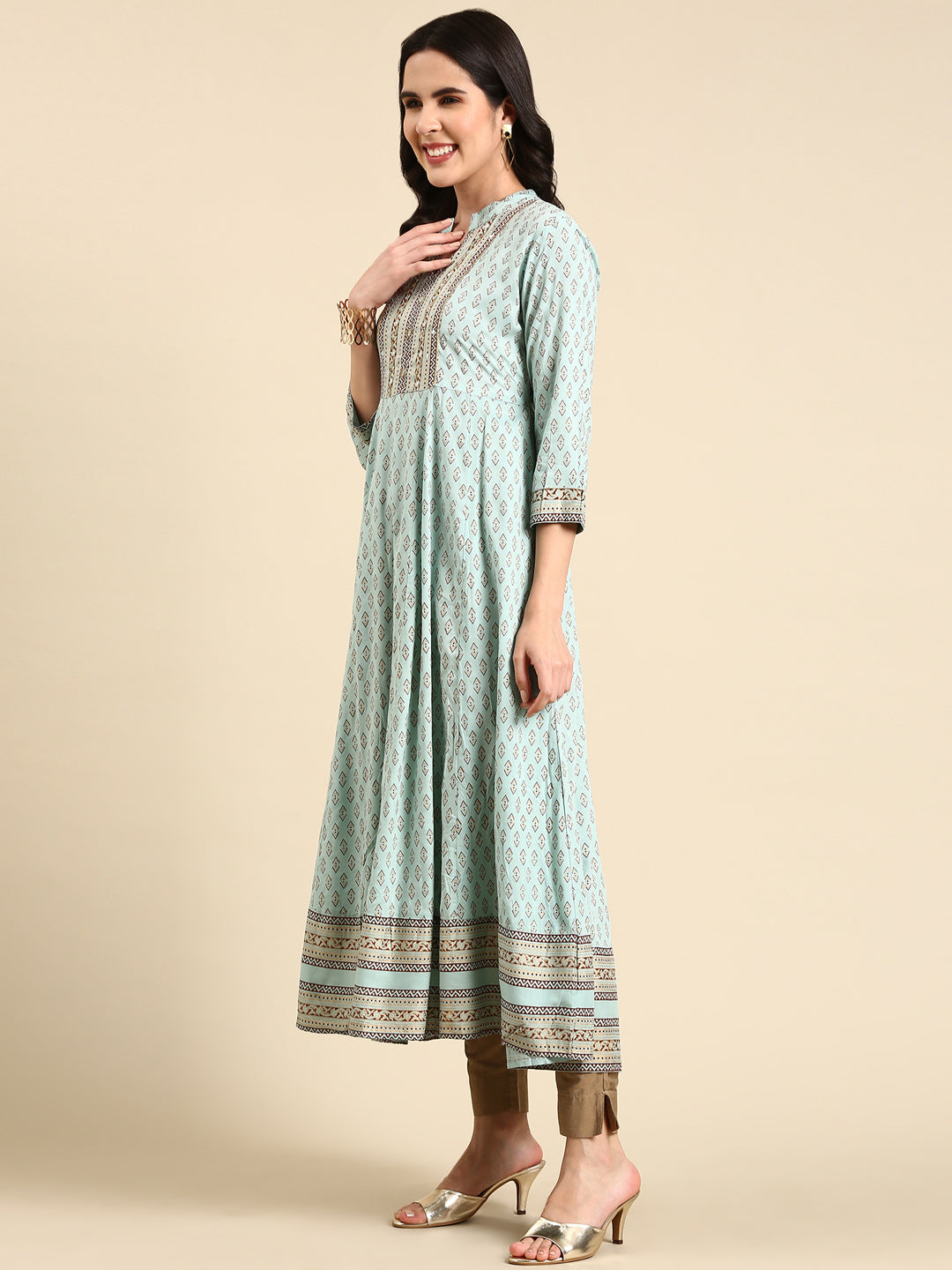 Women's Turquoise Blue Printed Anarkali Kurta