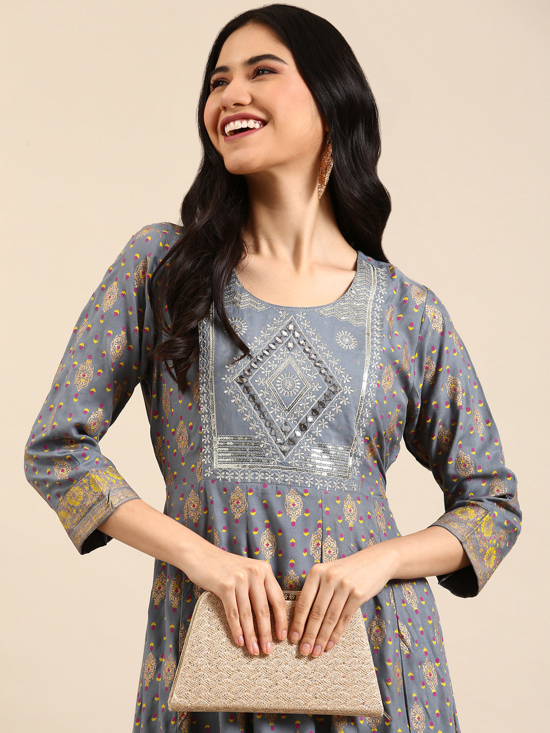 Women's Grey Printed Anarkali Kurta