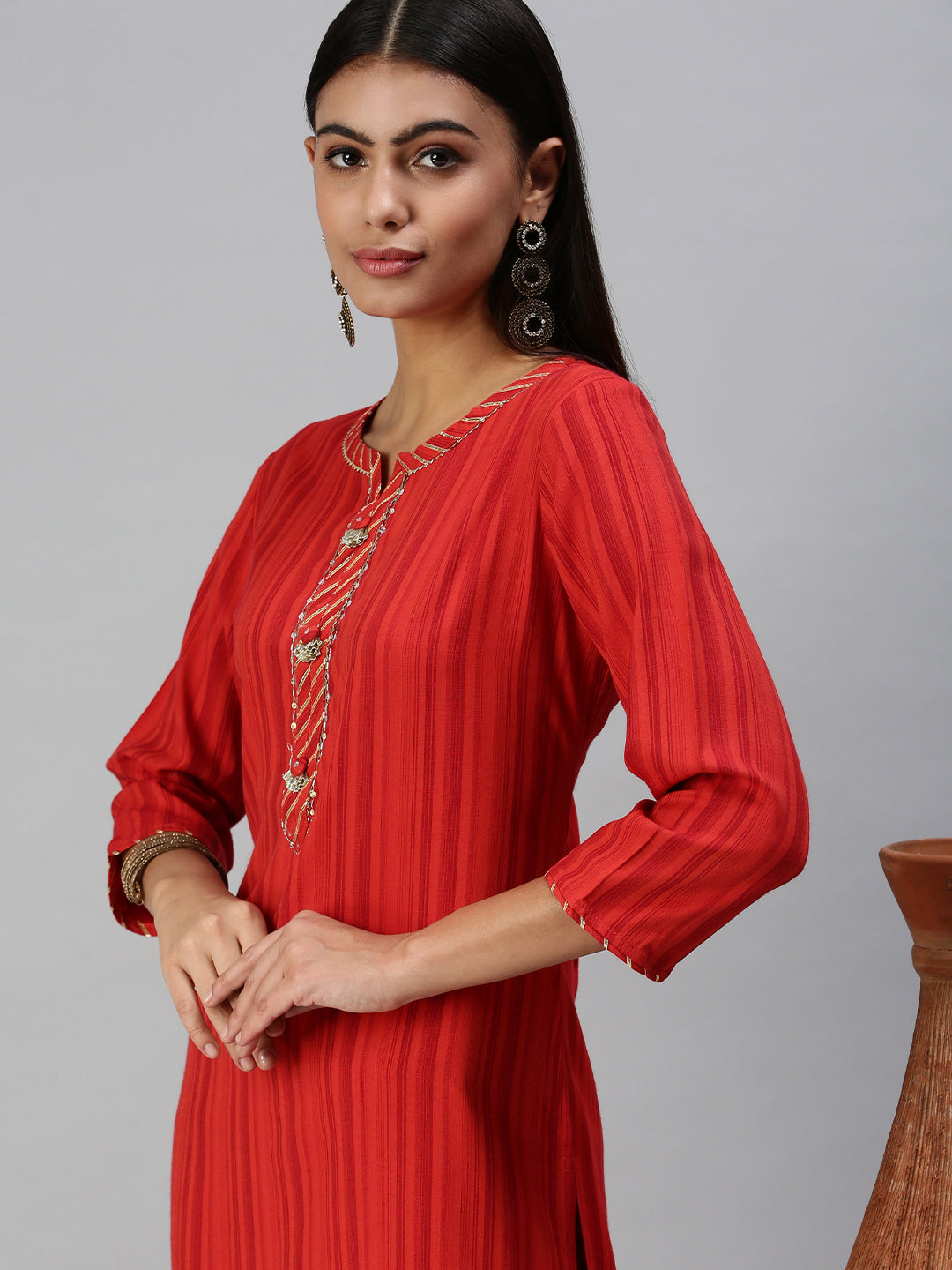 Women's Red Striped Straight Kurta