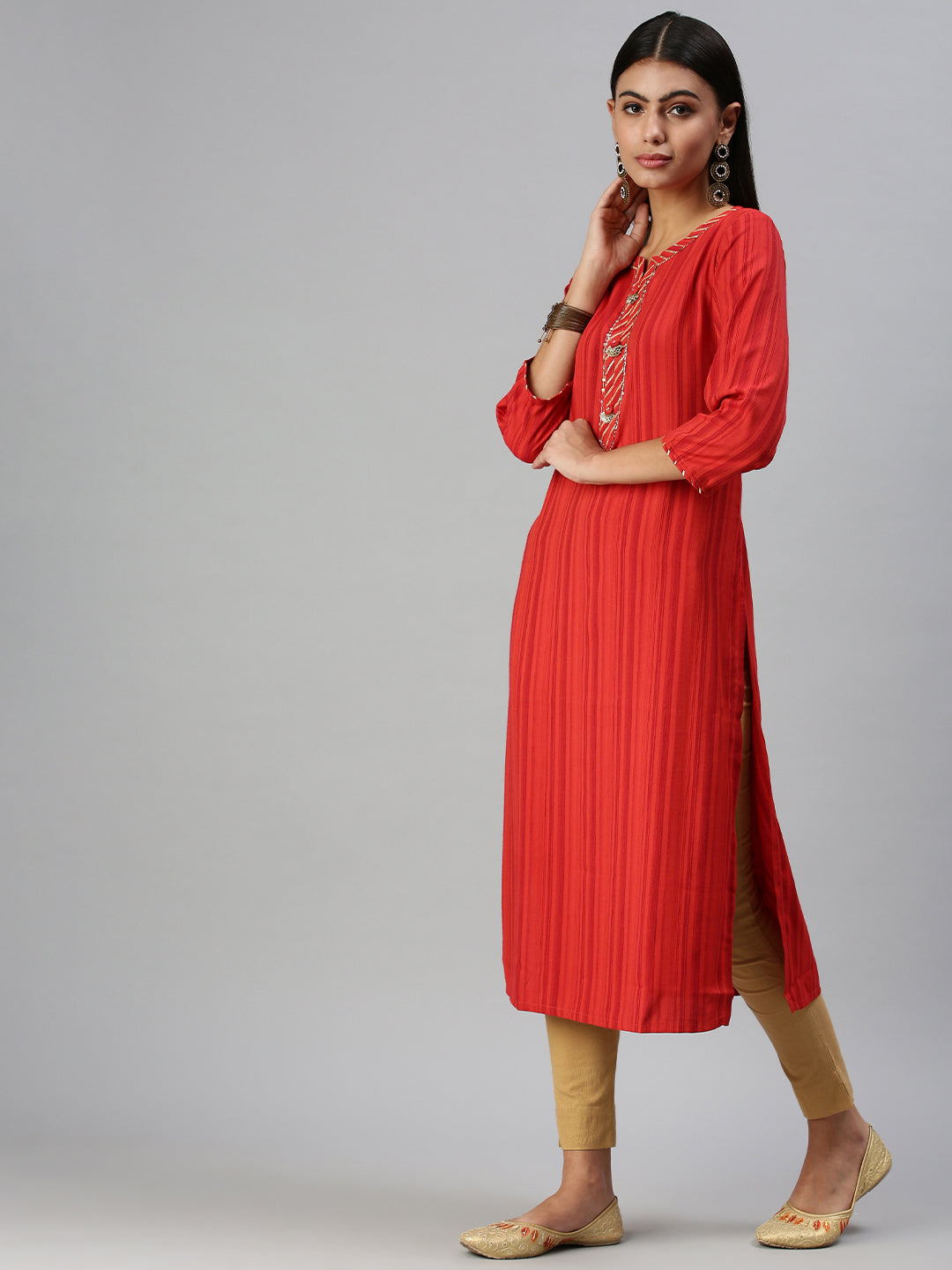 Women's Red Striped Straight Kurta