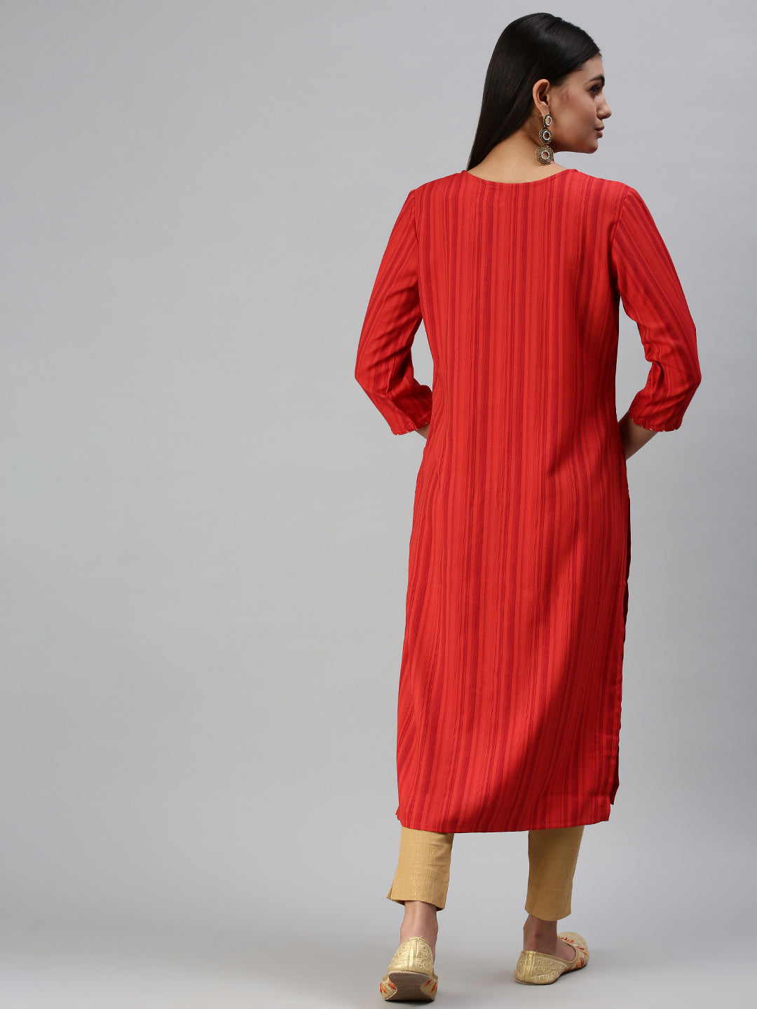 Women's Red Striped Straight Kurta