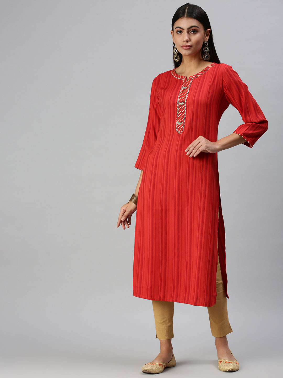 Women's Red Striped Straight Kurta