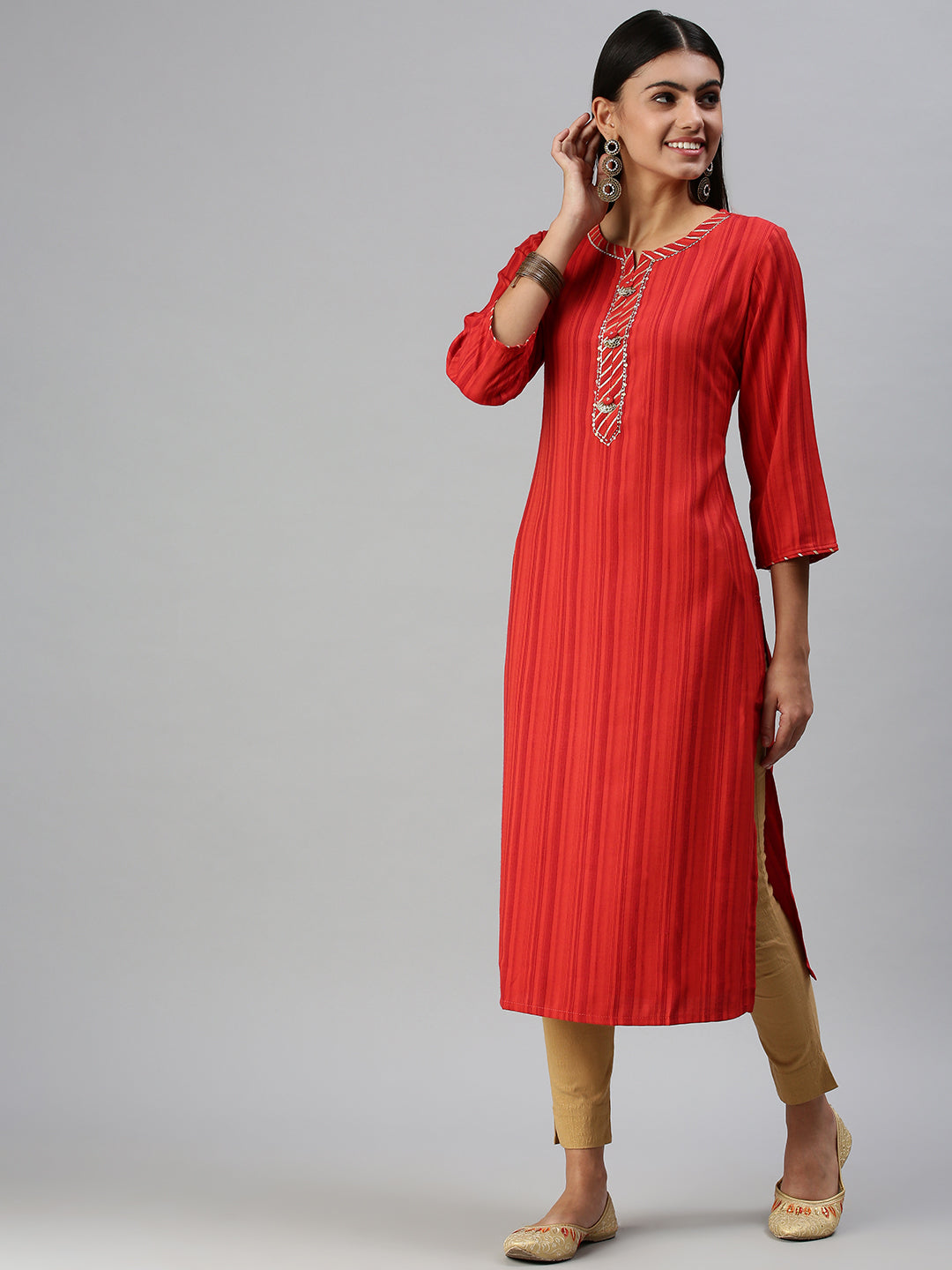 Women's Red Striped Straight Kurta