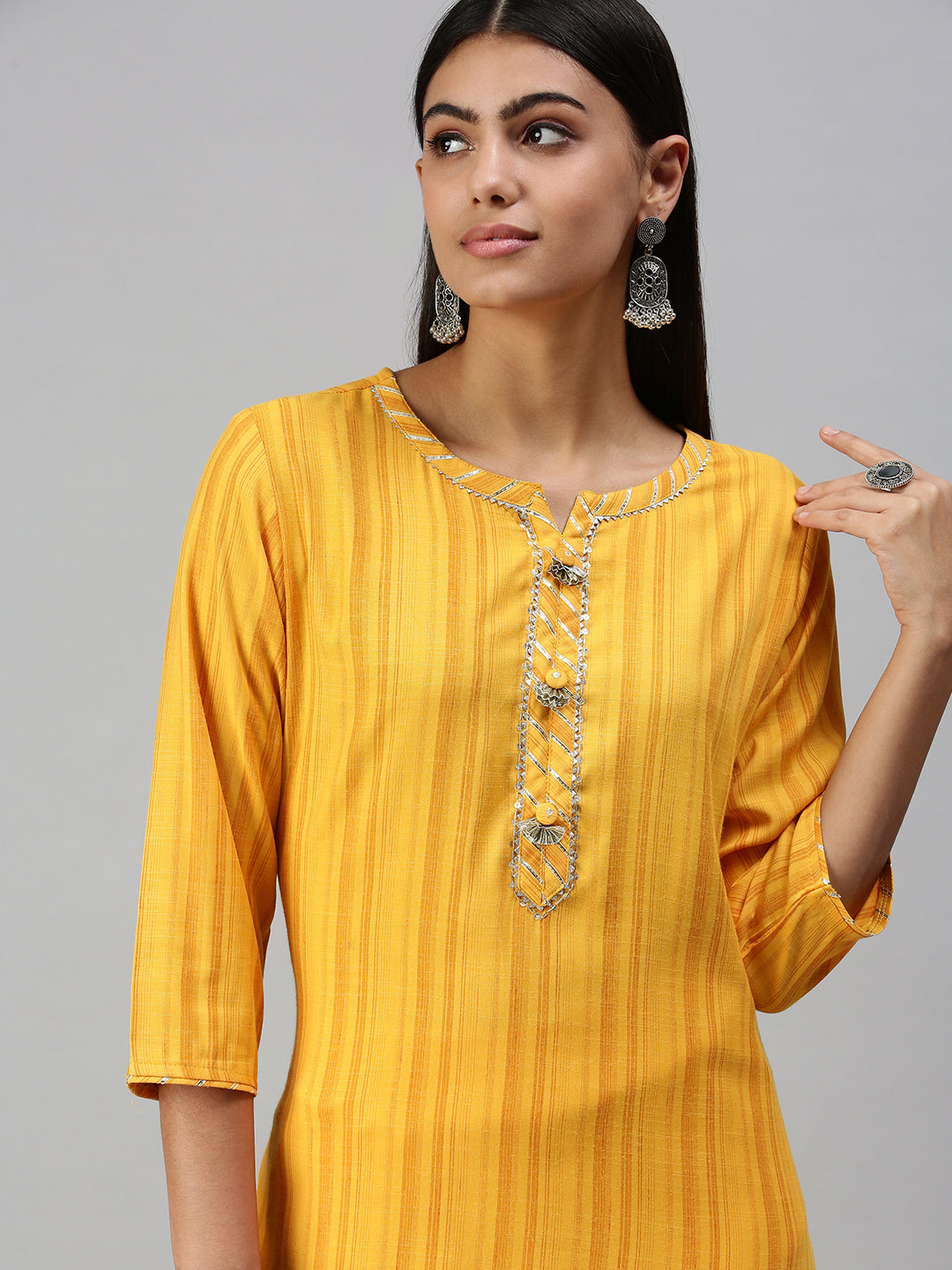 Women's Yellow Striped Straight Kurta