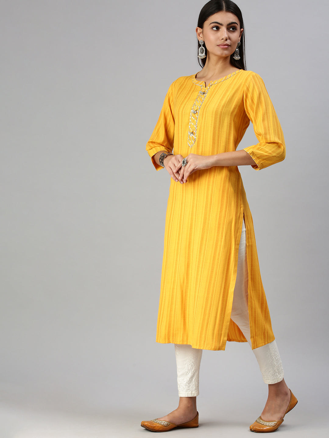 Women's Yellow Striped Straight Kurta