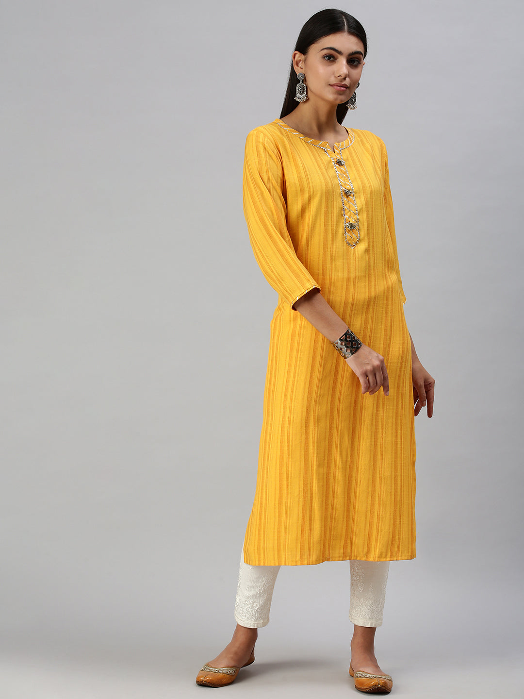 Women's Yellow Striped Straight Kurta