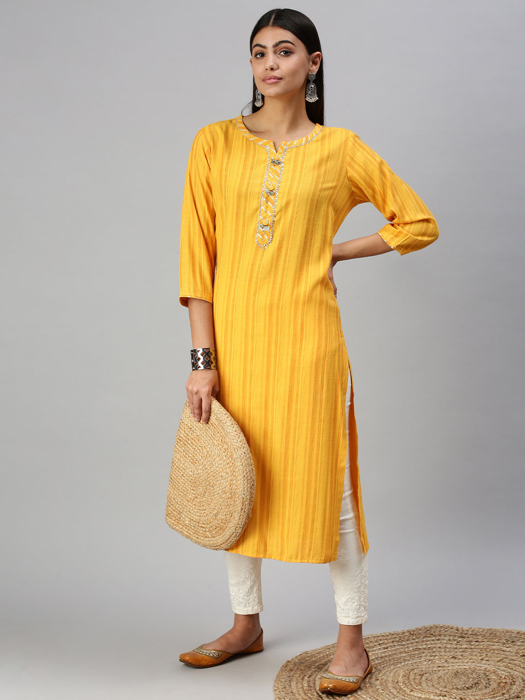 Women's Yellow Striped Straight Kurta