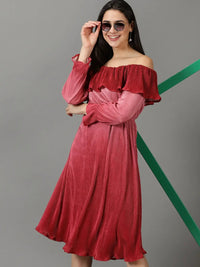 Women's Red Off Shoulder Accordion Pleats Ruffled Satin Fit & Flare Dress