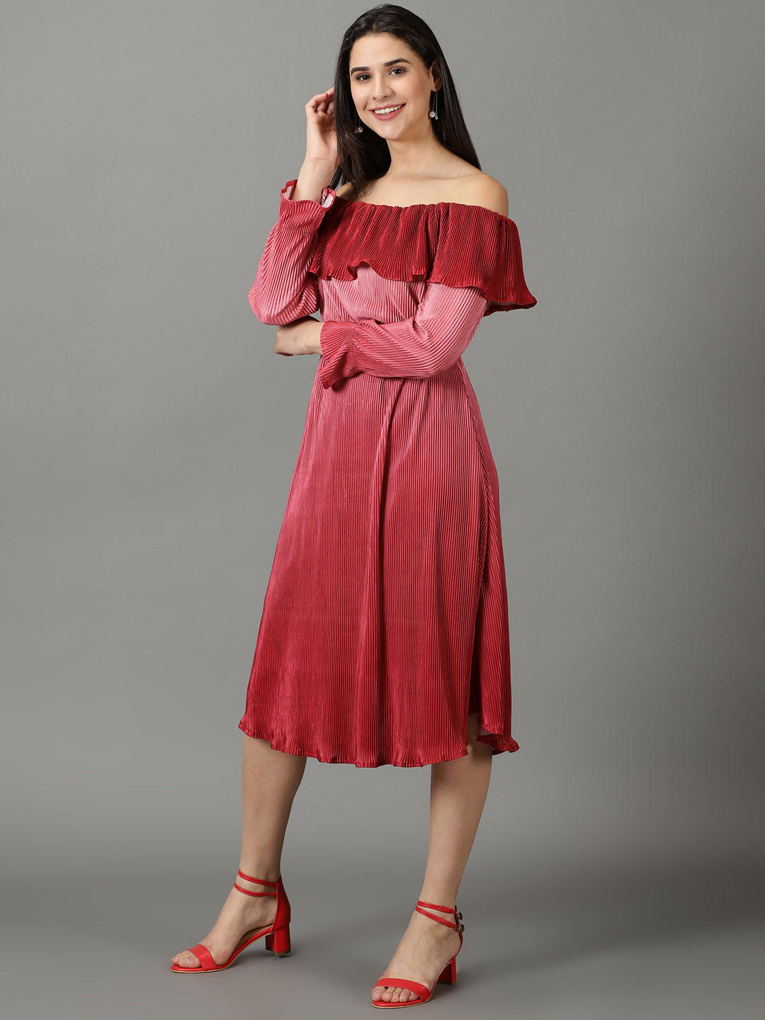 Women's Red Solid Fit and Flare Dress