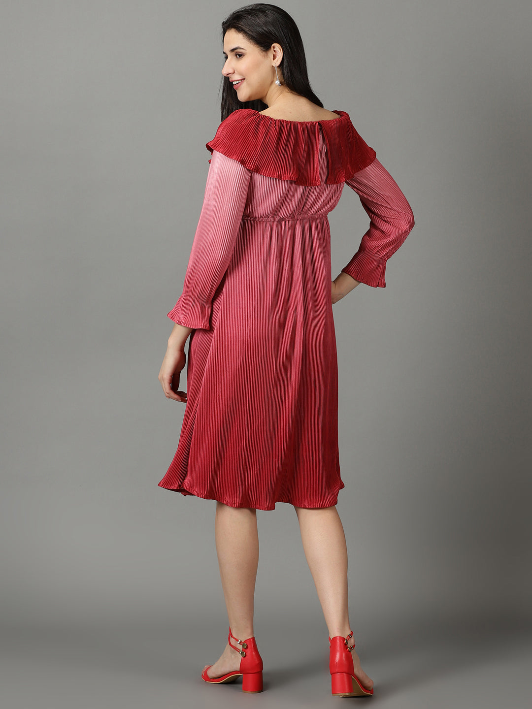 Women's Red Solid Fit and Flare Dress