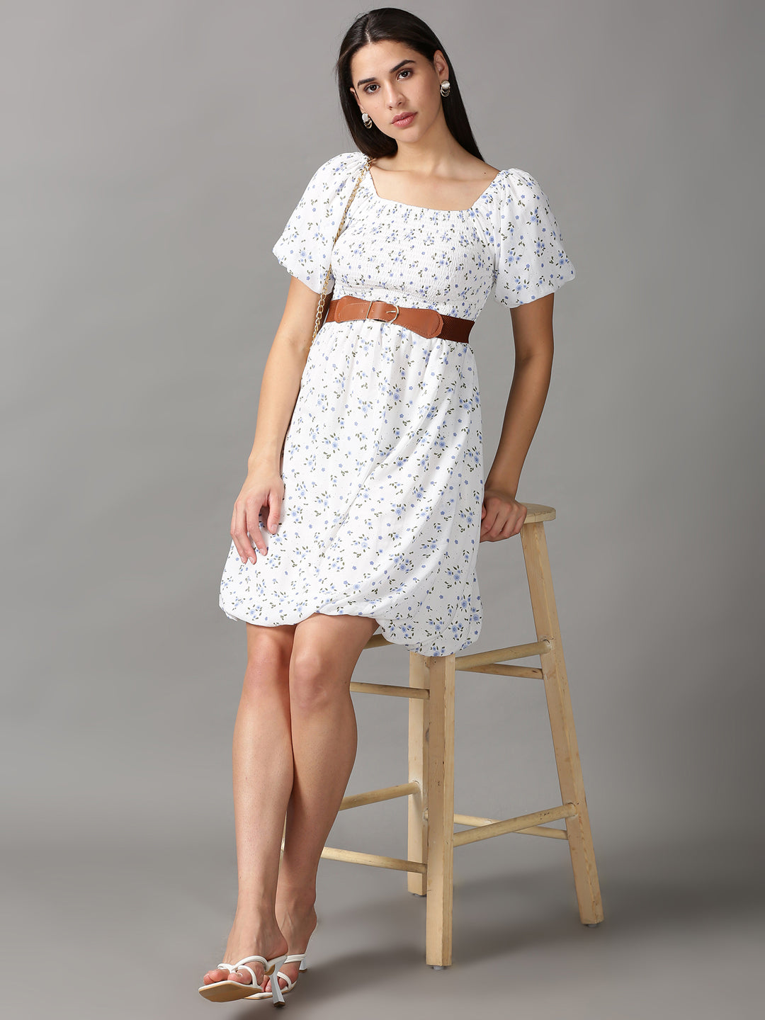 Women's White Printed Fit and Flare Dress