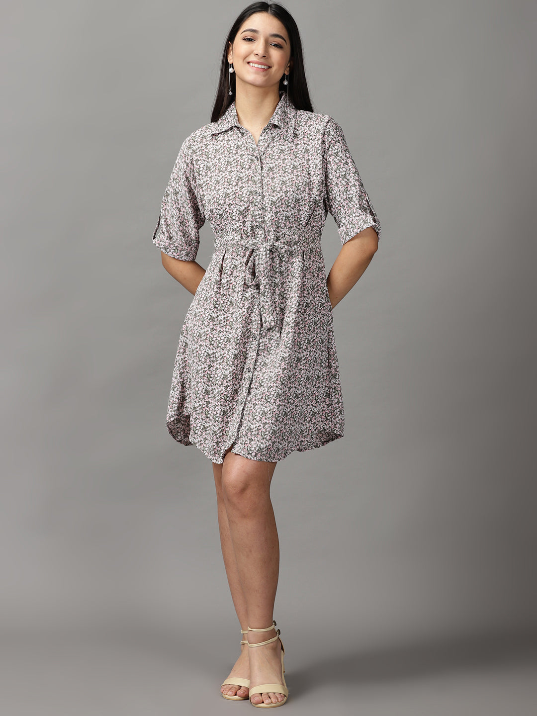 Women's Green Printed Shirt Dress