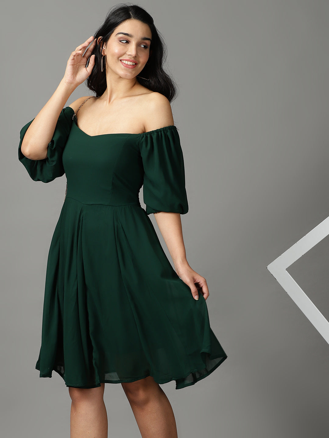 Women's Green Solid Fit and Flare Dress
