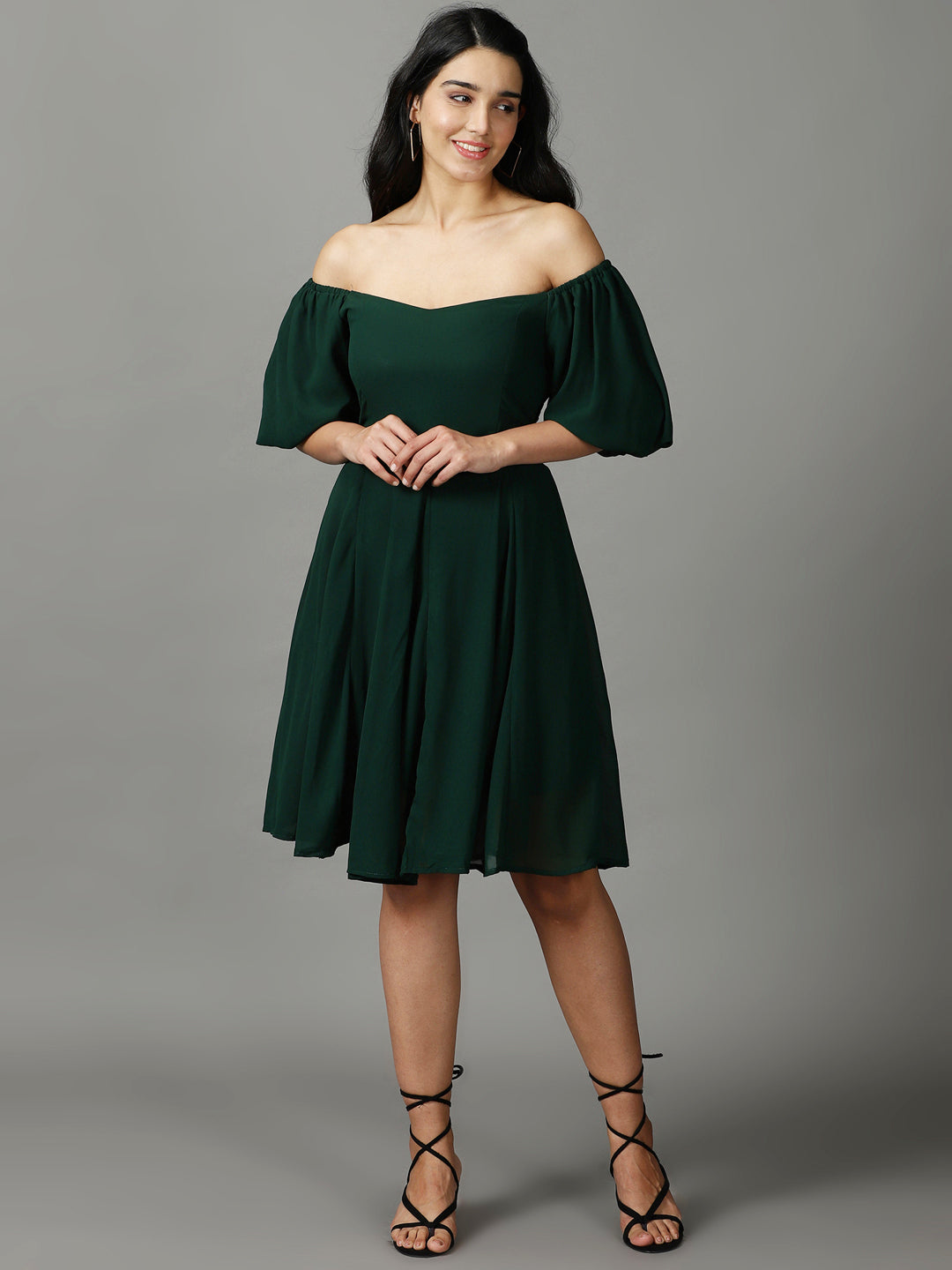 Women's Green Solid Fit and Flare Dress
