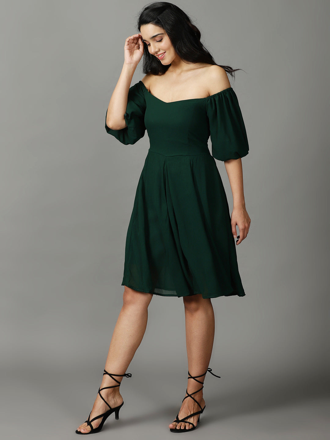 Women's Green Solid Fit and Flare Dress