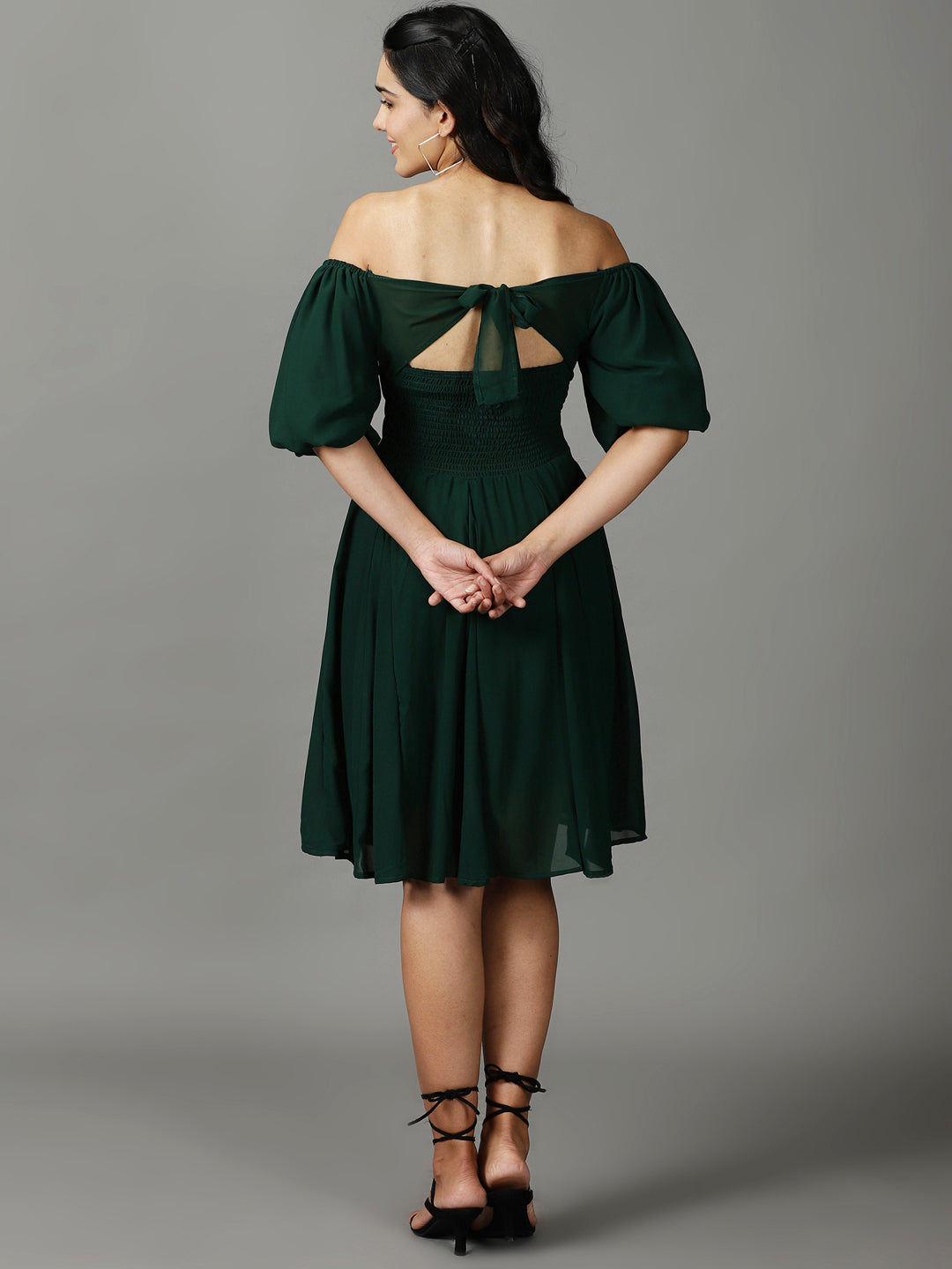 Women's Green Solid Fit and Flare Dress