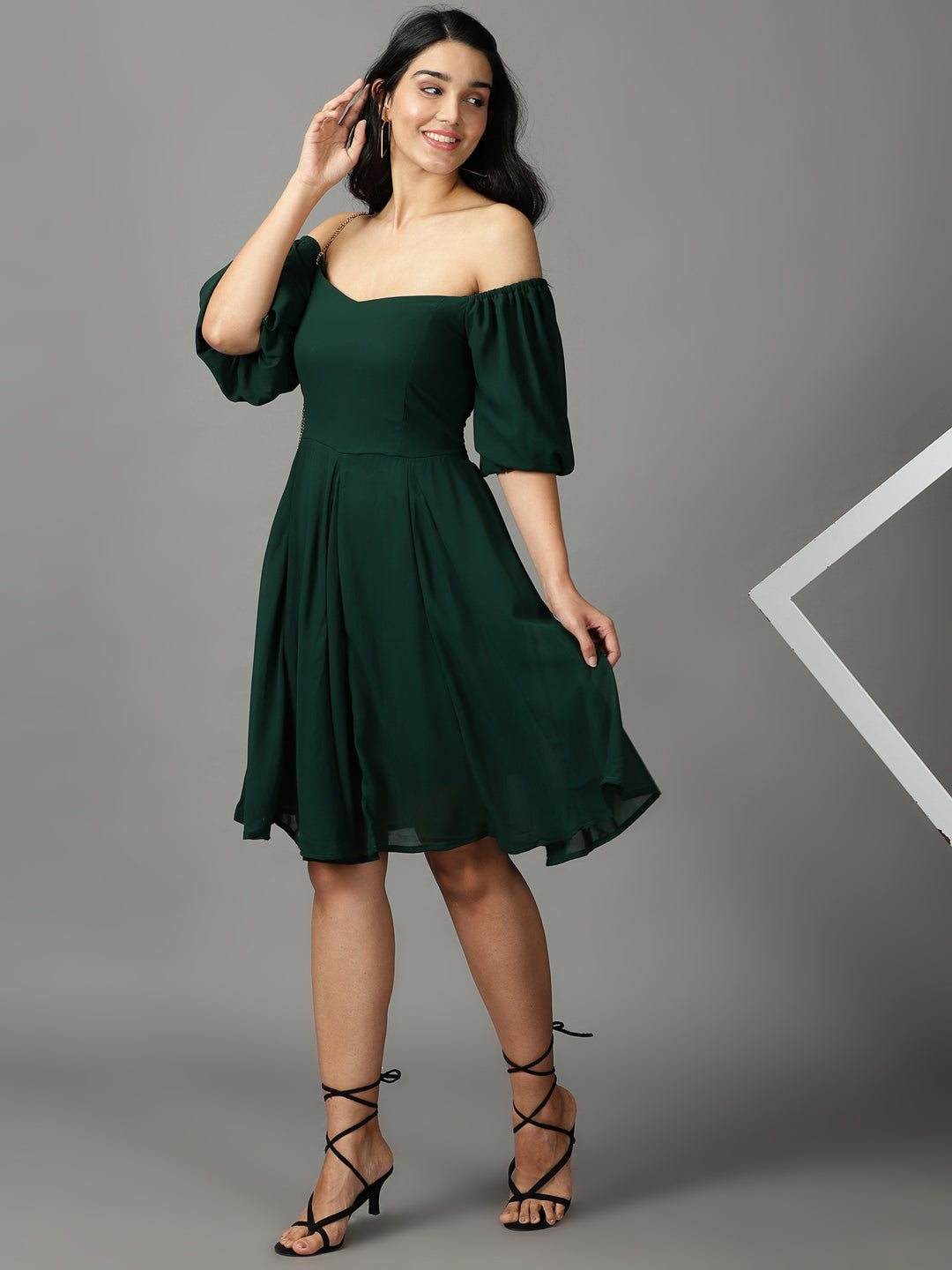 Women's Green Solid Fit and Flare Dress