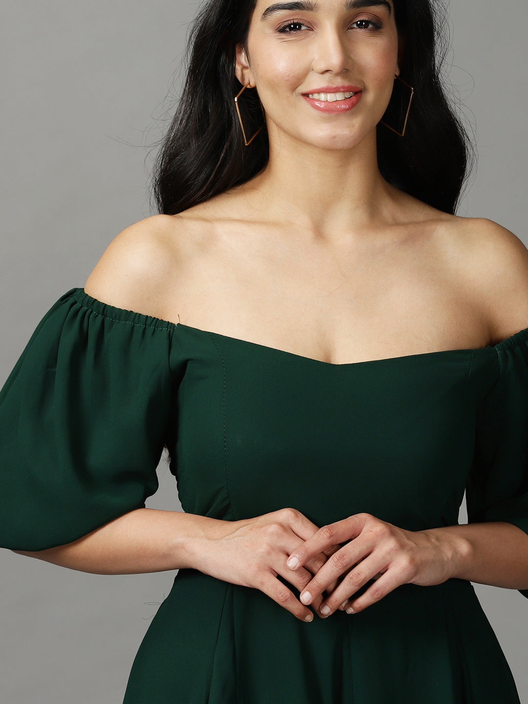 Women's Green Solid Fit and Flare Dress