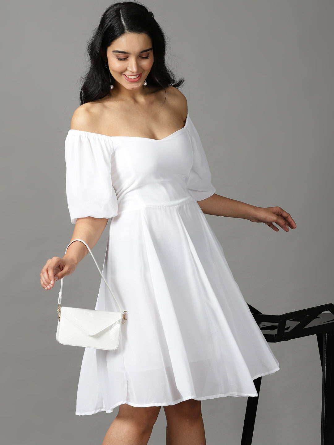 Women's White Solid Fit and Flare Dress