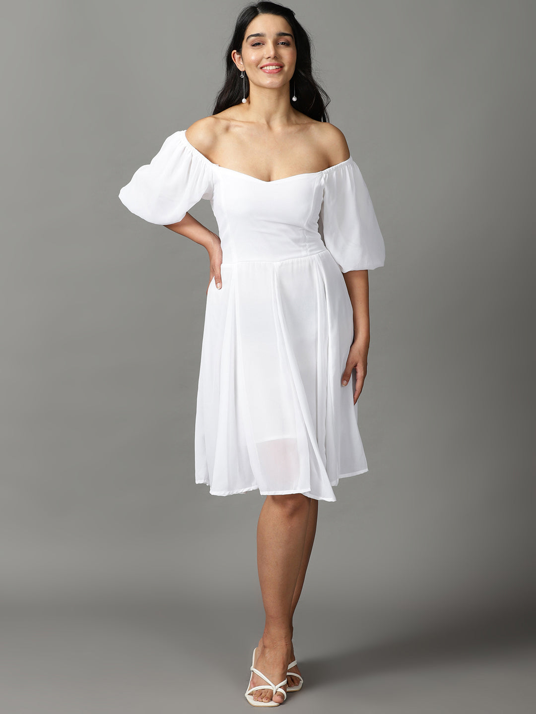 Women's White Solid Fit and Flare Dress