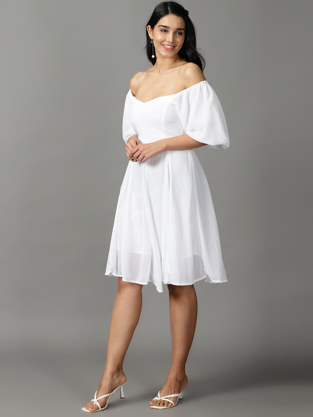 Women's White Solid Fit and Flare Dress