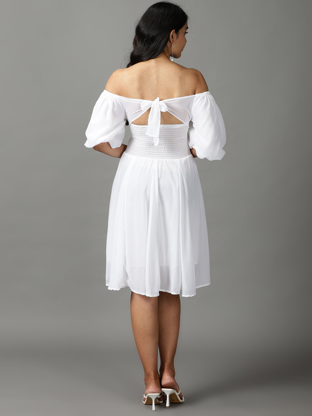 Women's White Solid Fit and Flare Dress