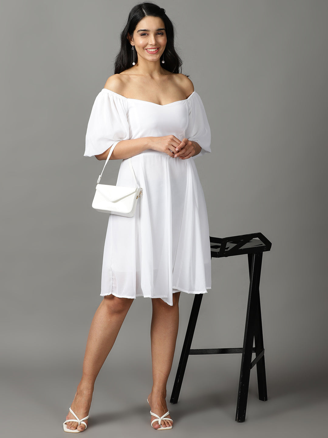 Women's White Solid Fit and Flare Dress