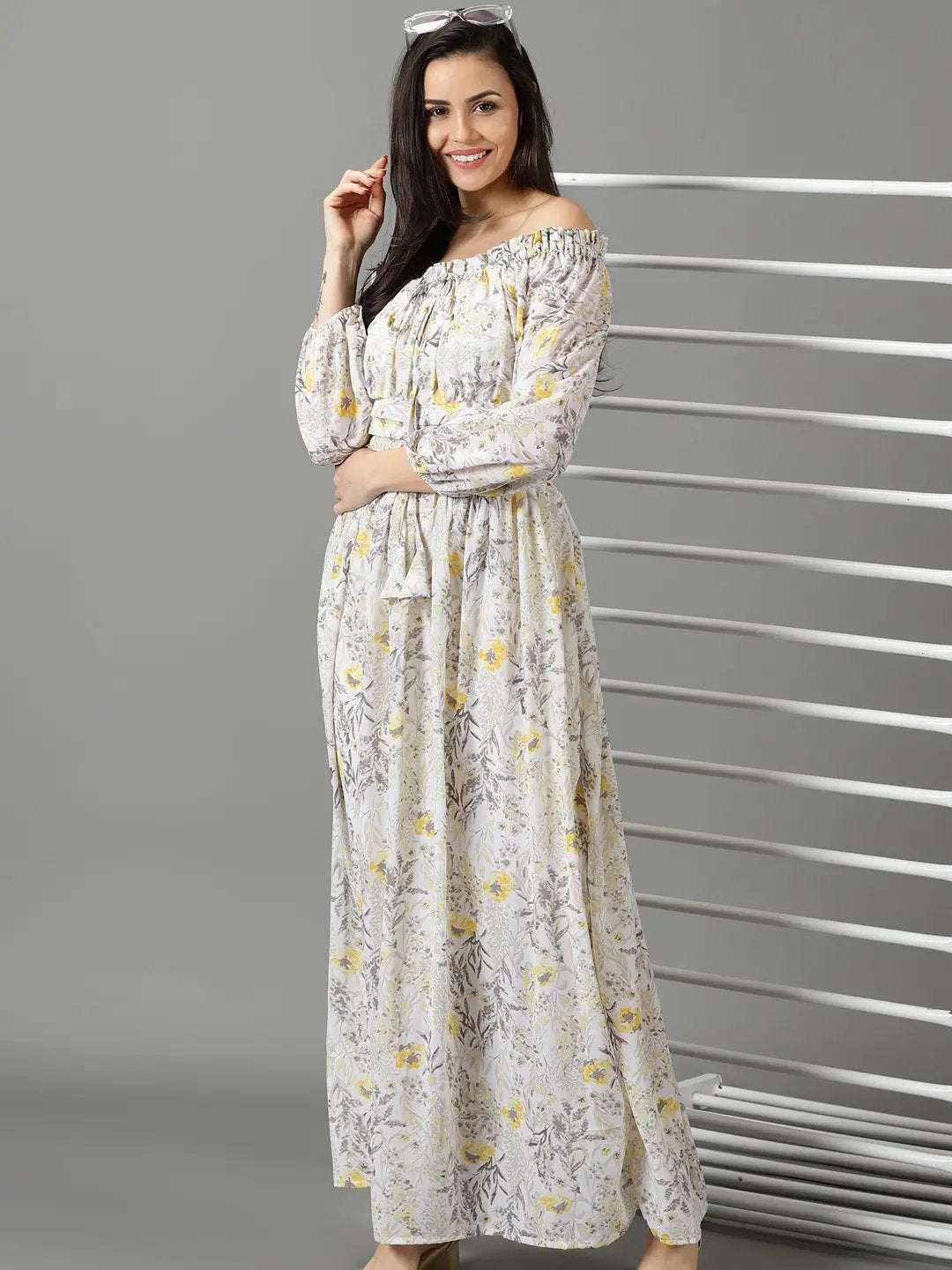 Women's Off White Printed Fit and Flare Dress