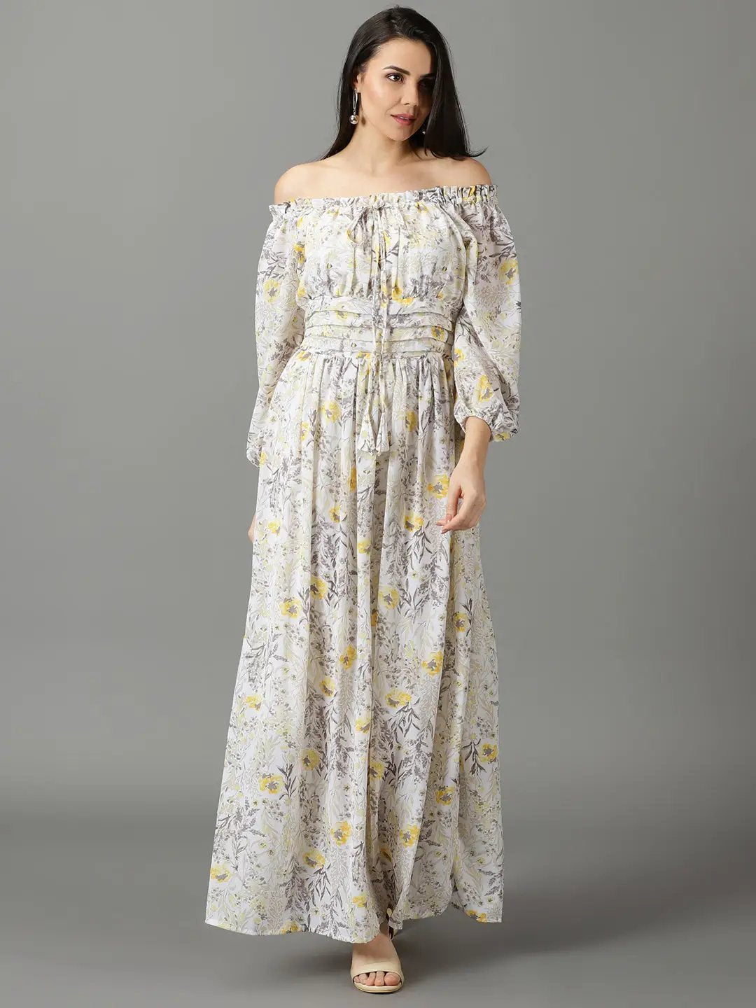 Women's Off White Printed Fit and Flare Dress