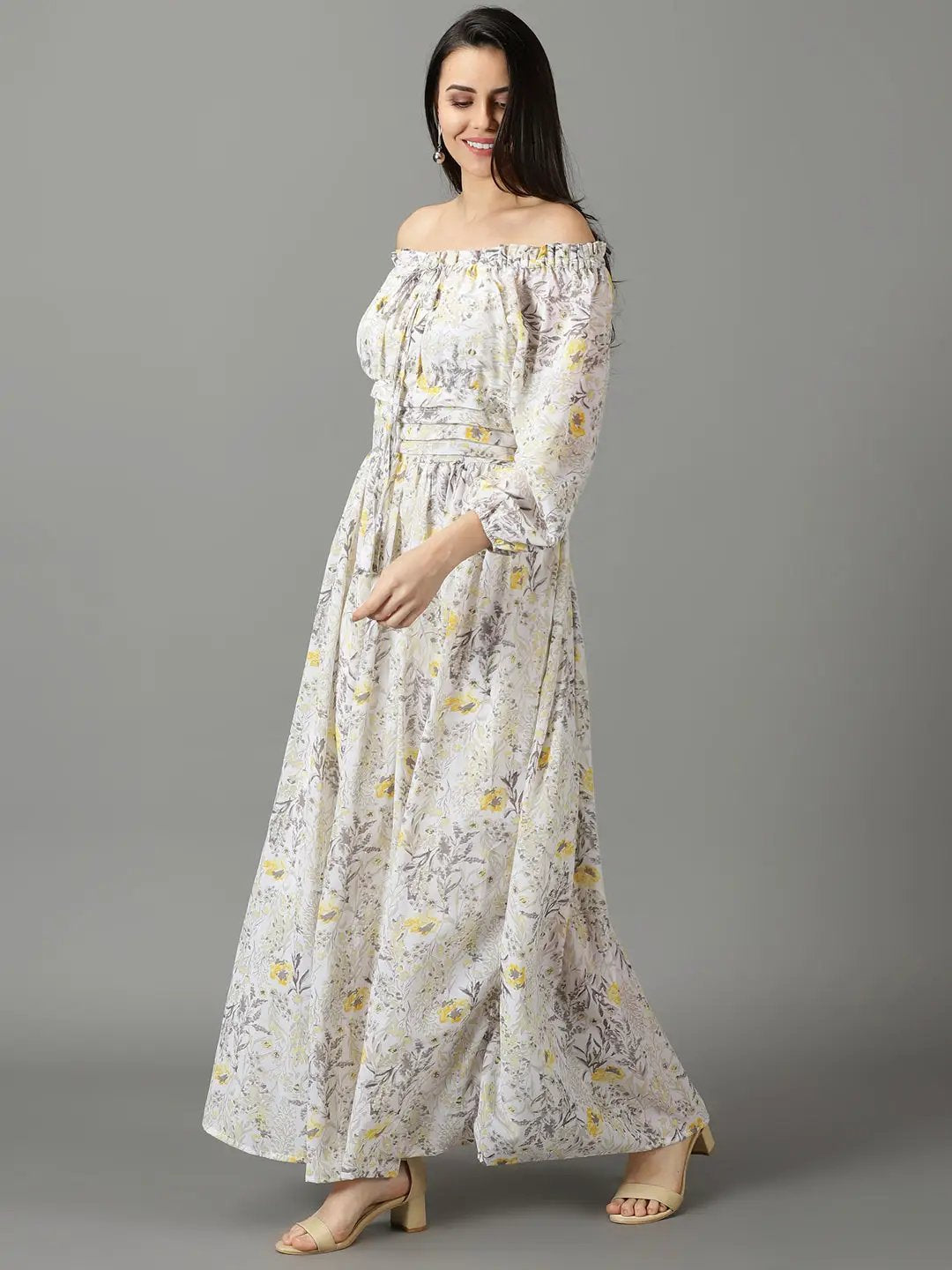 Women's Off White Printed Fit and Flare Dress