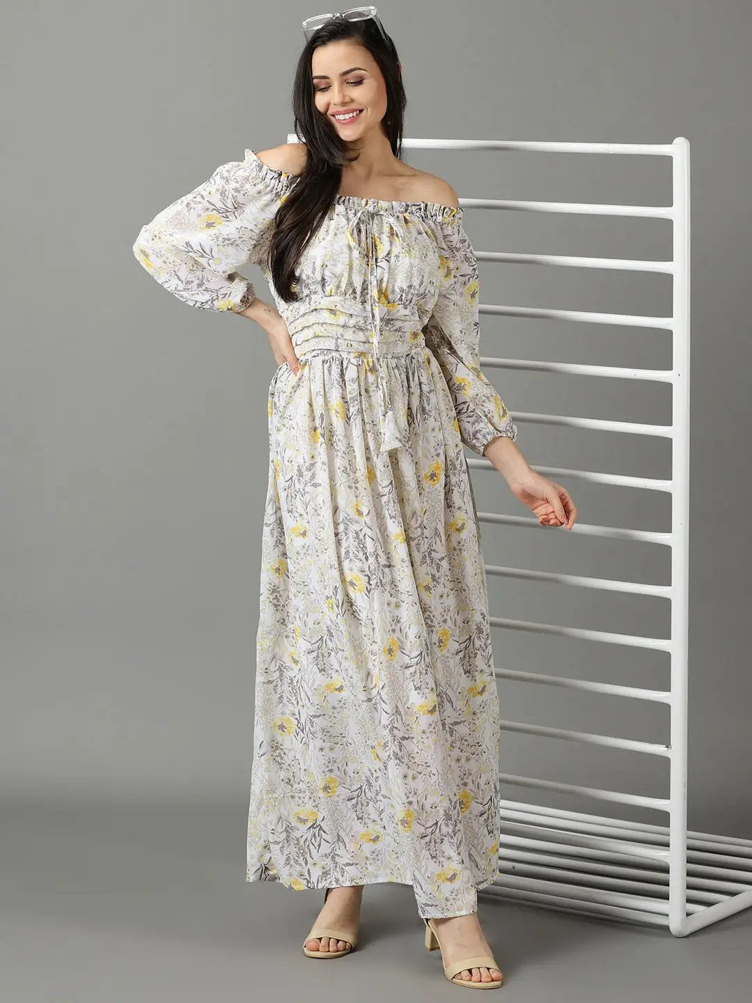Women's Off White Printed Fit and Flare Dress