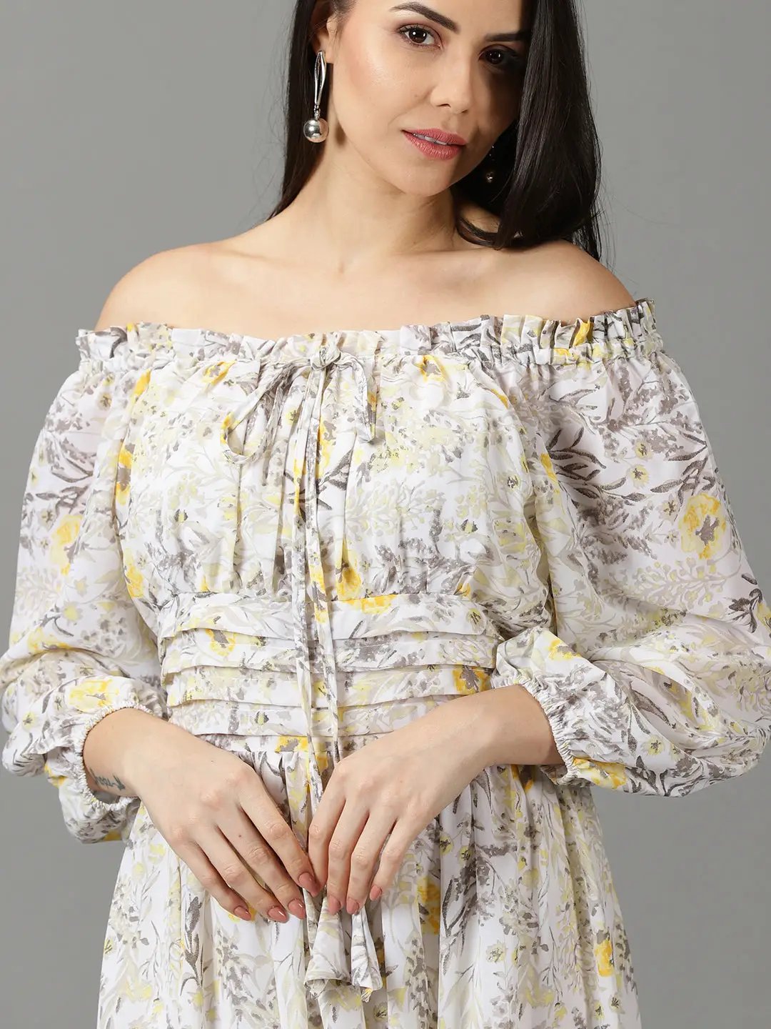 Women's Off White Printed Fit and Flare Dress