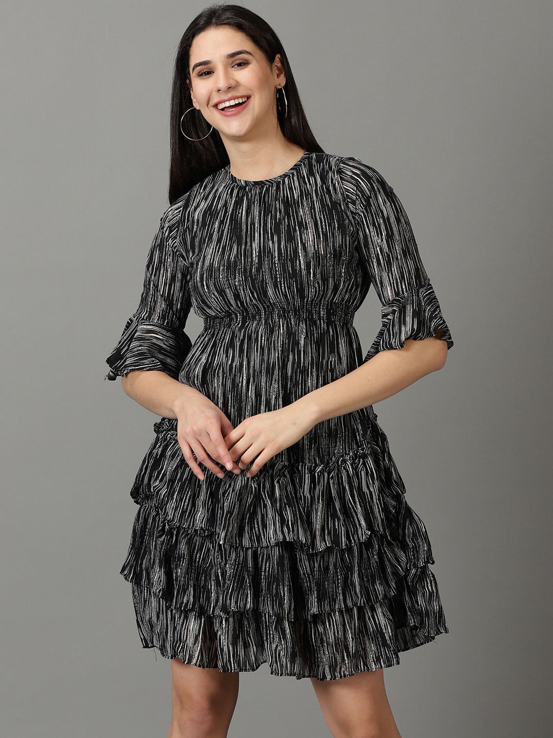 Women's Black Printed Fit and Flare Dress