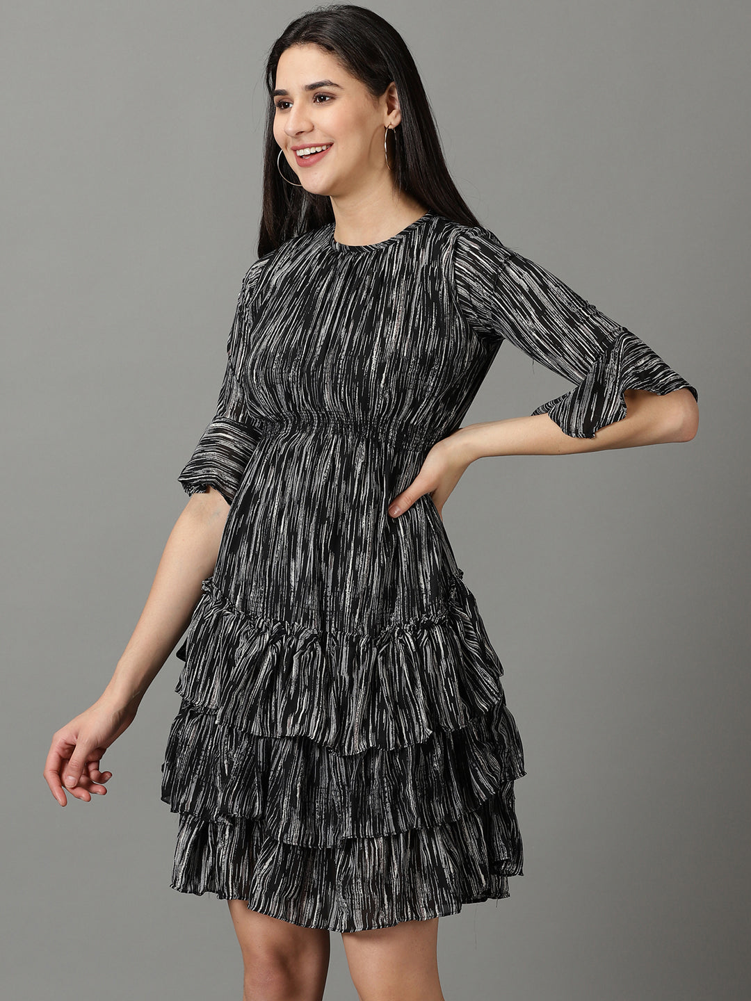 Women's Black Printed Fit and Flare Dress