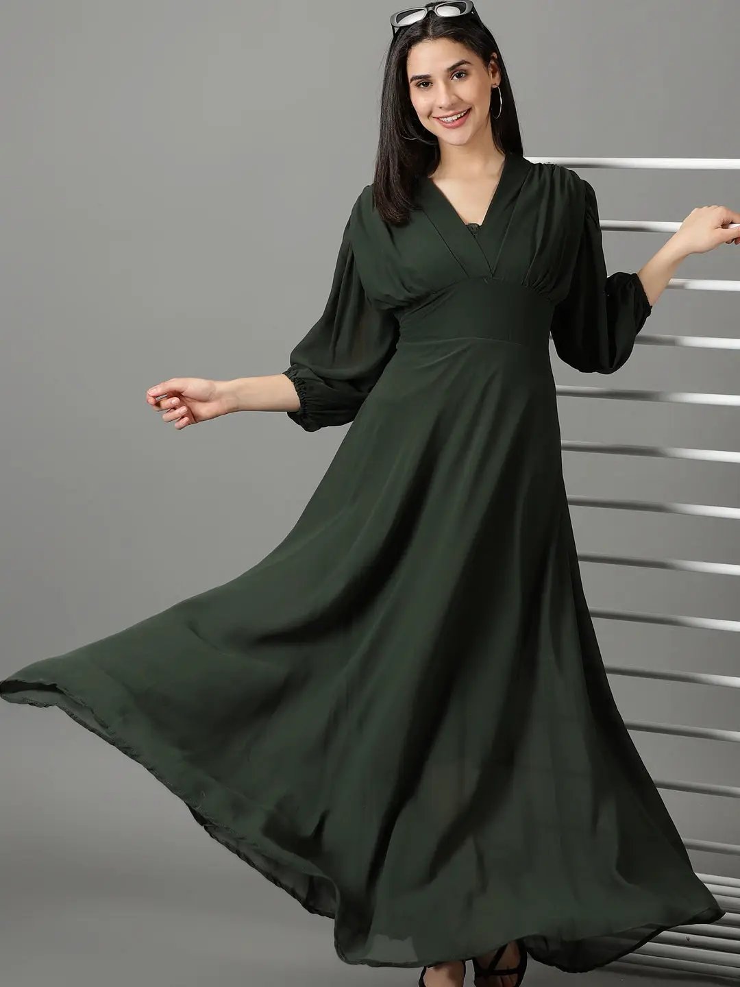 Women's Green Solid Fit and Flare Dress