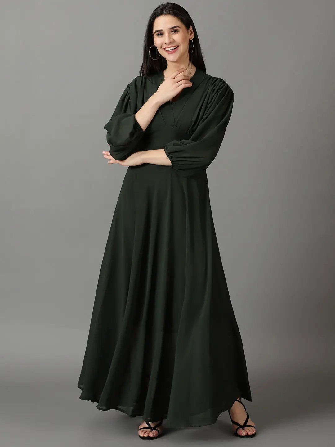 Women's Green Solid Fit and Flare Dress