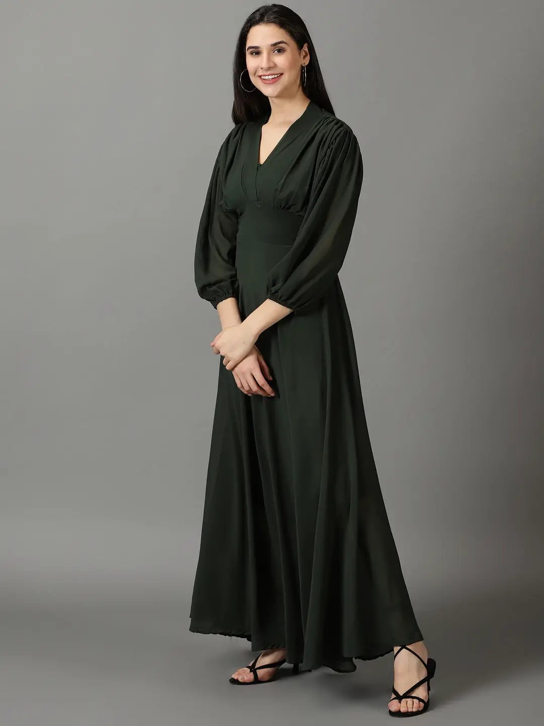 Women's Green Solid Fit and Flare Dress