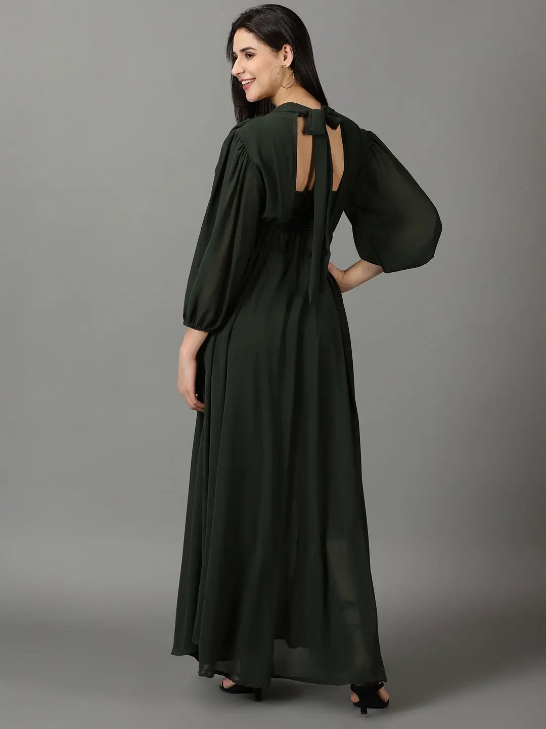 Women's Green Solid Fit and Flare Dress