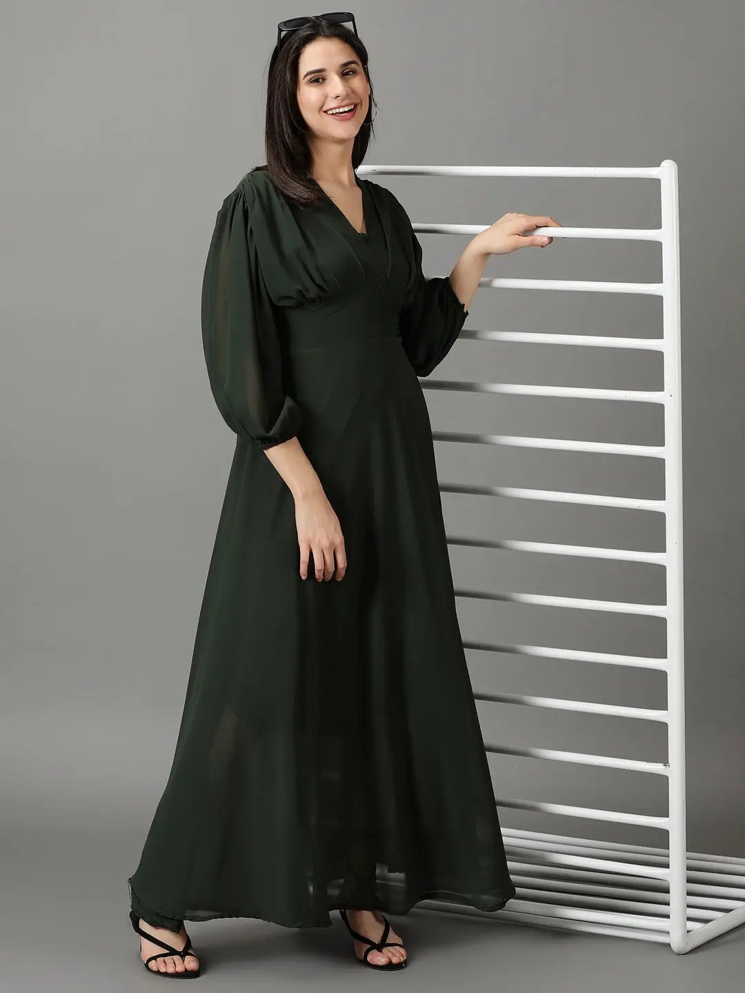 Women's Green Solid Fit and Flare Dress