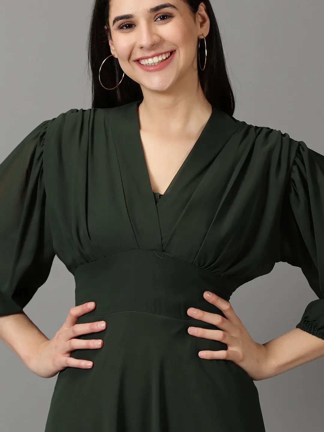 Women's Green Solid Fit and Flare Dress