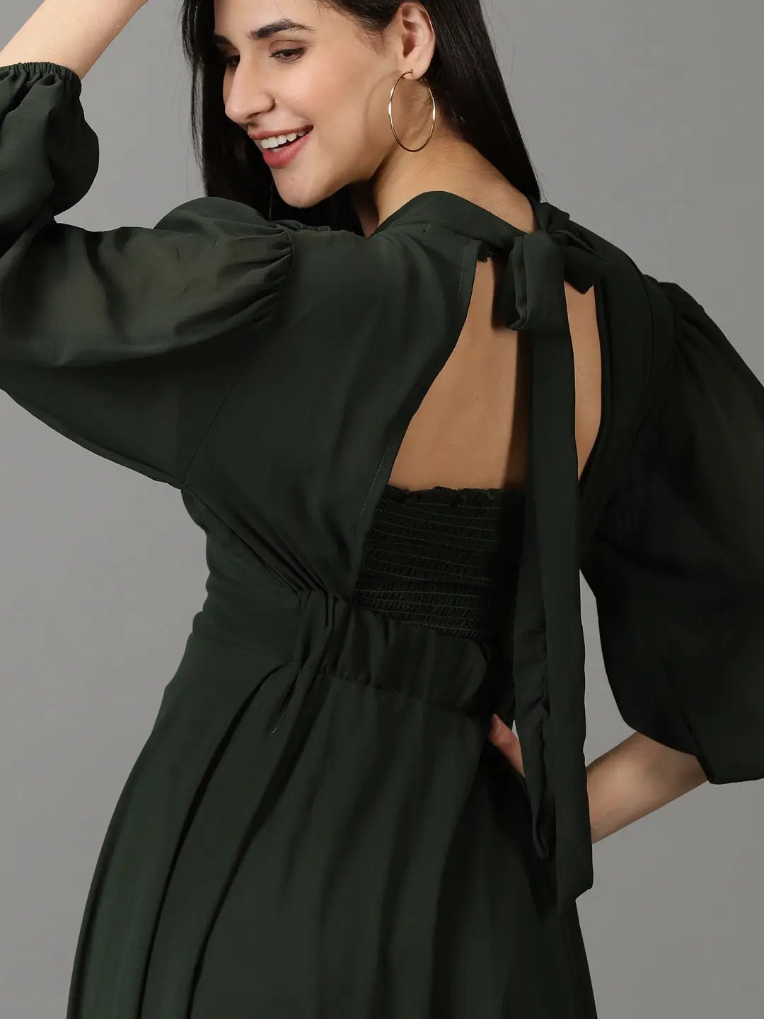 Women's Green Solid Fit and Flare Dress
