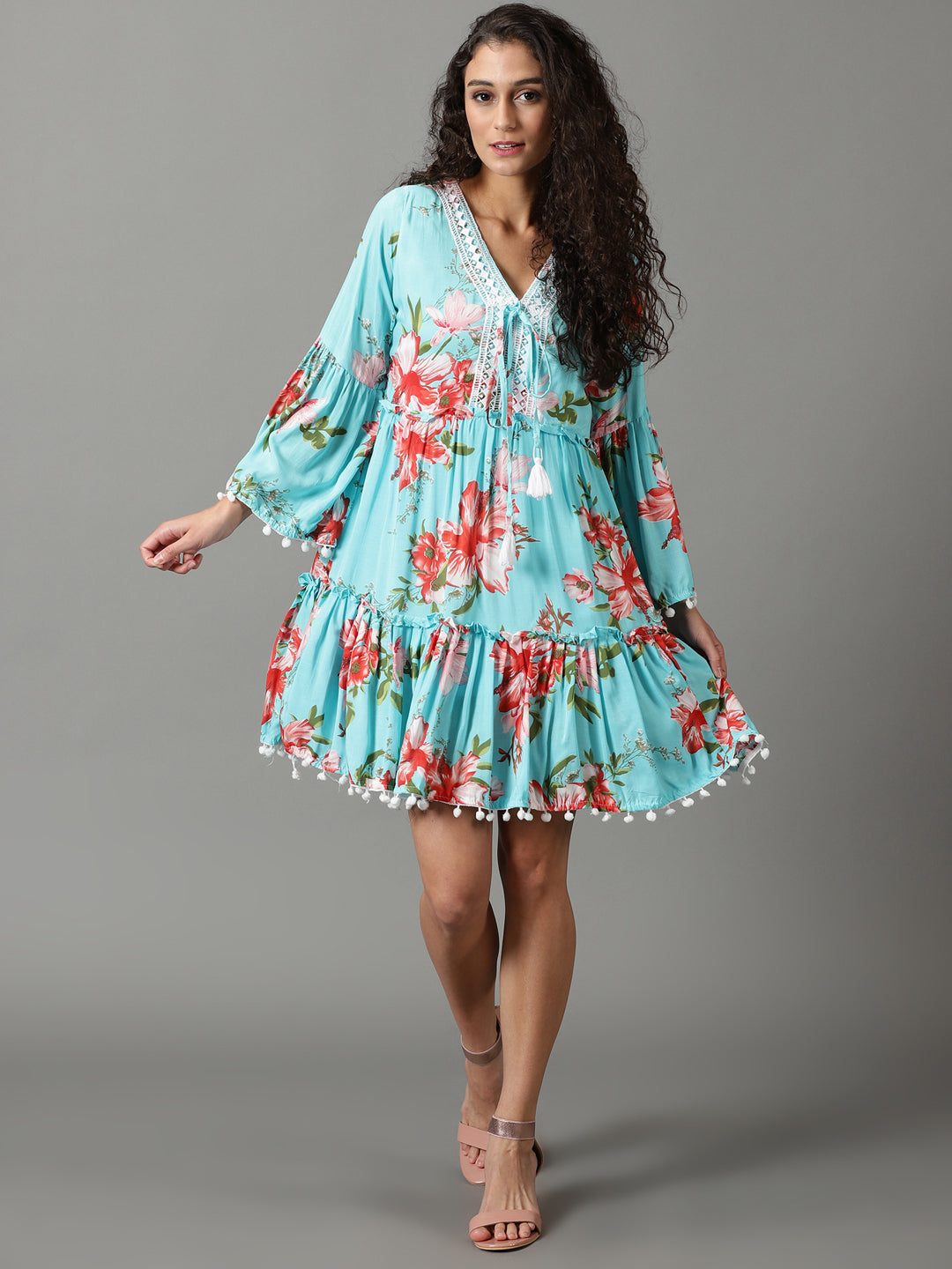 Women's Blue Printed Fit and Flare Dress