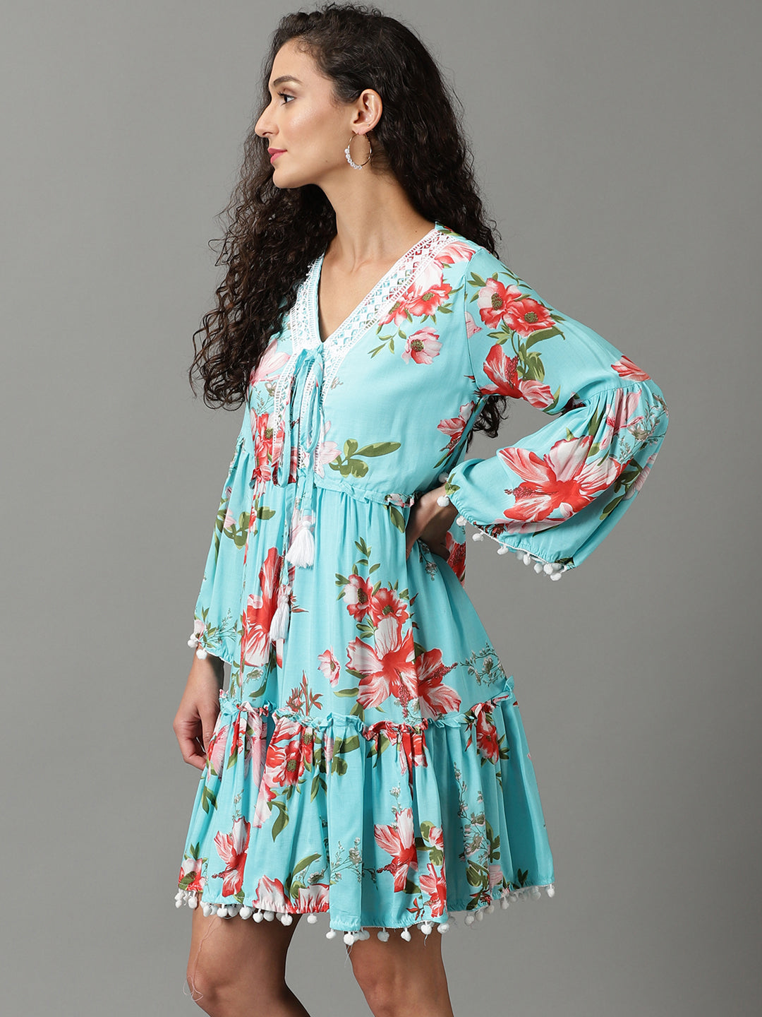 Women's Blue Printed Fit and Flare Dress