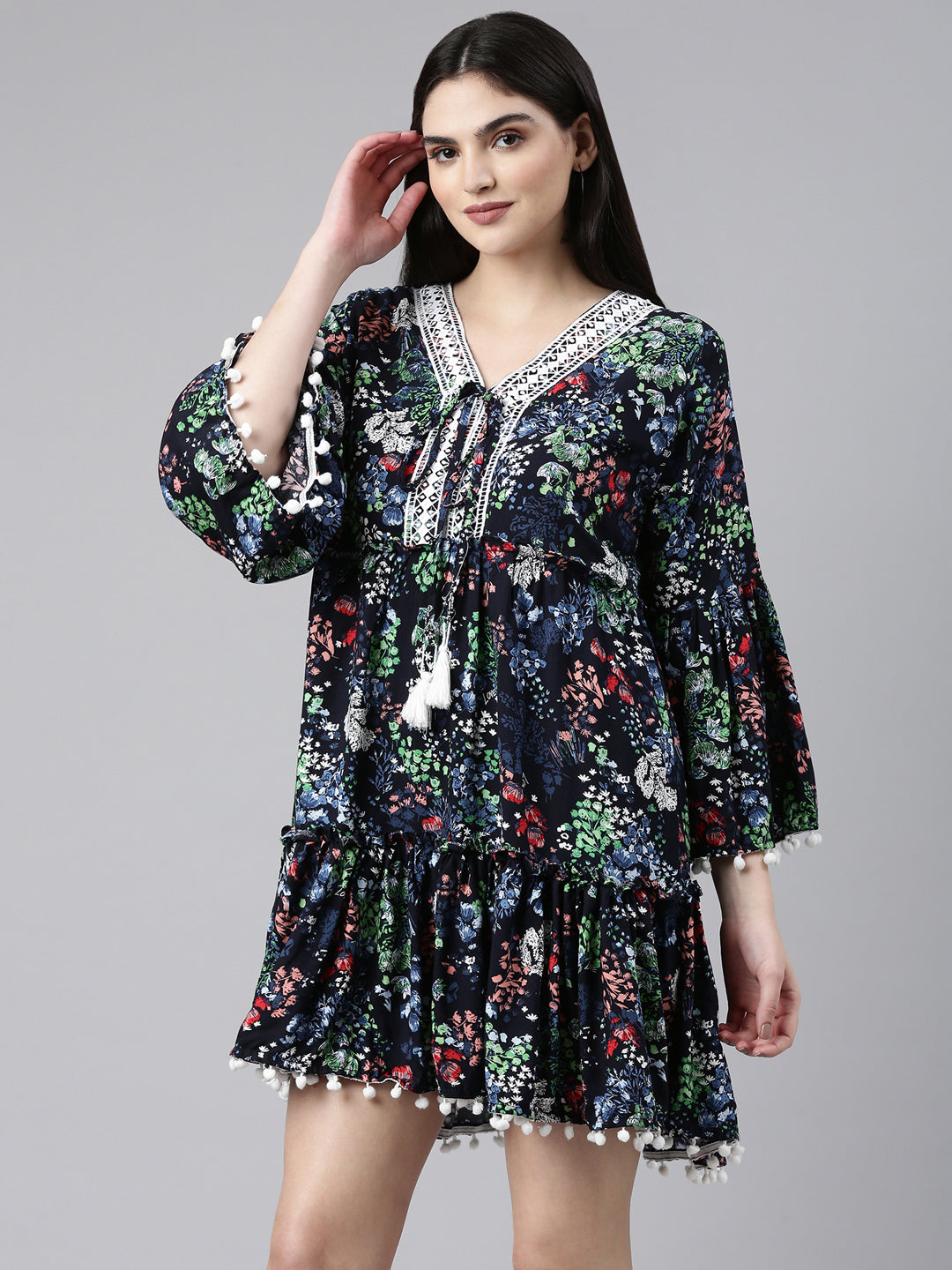 Women Navy Blue Printed Fit and Flare Dress