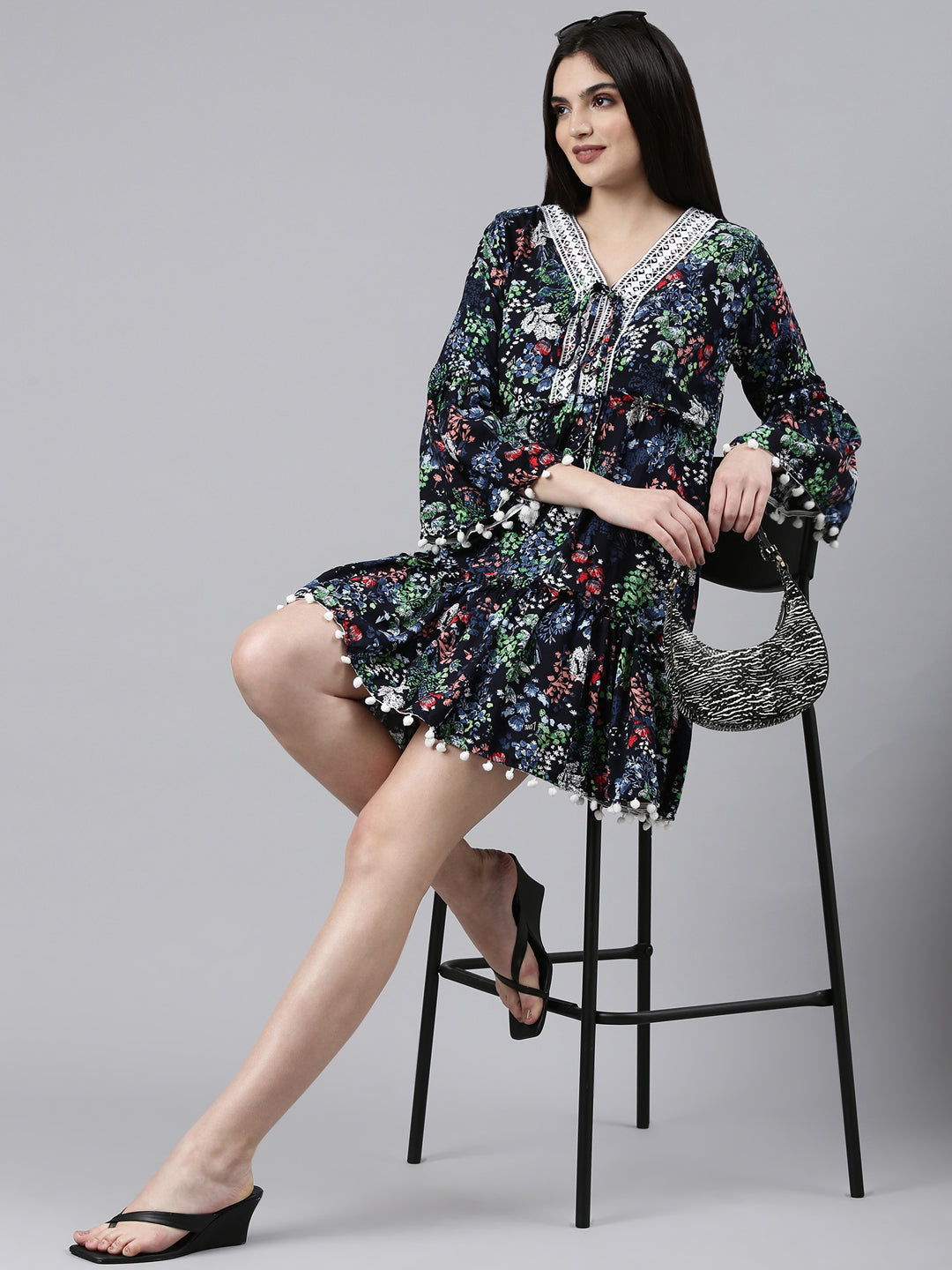 Women Navy Blue Printed Fit and Flare Dress