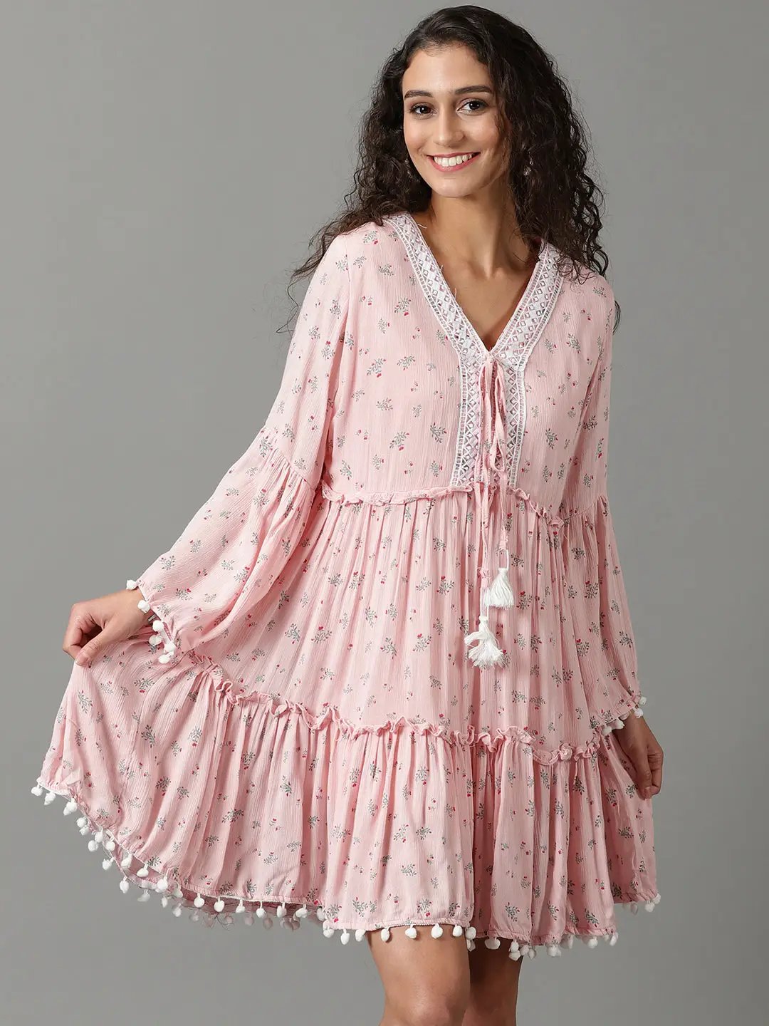 Women's Pink Printed Fit and Flare Dress