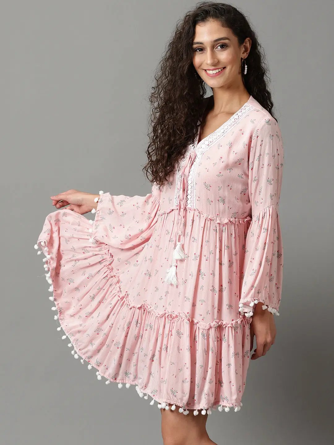 Women's Pink Printed Fit and Flare Dress