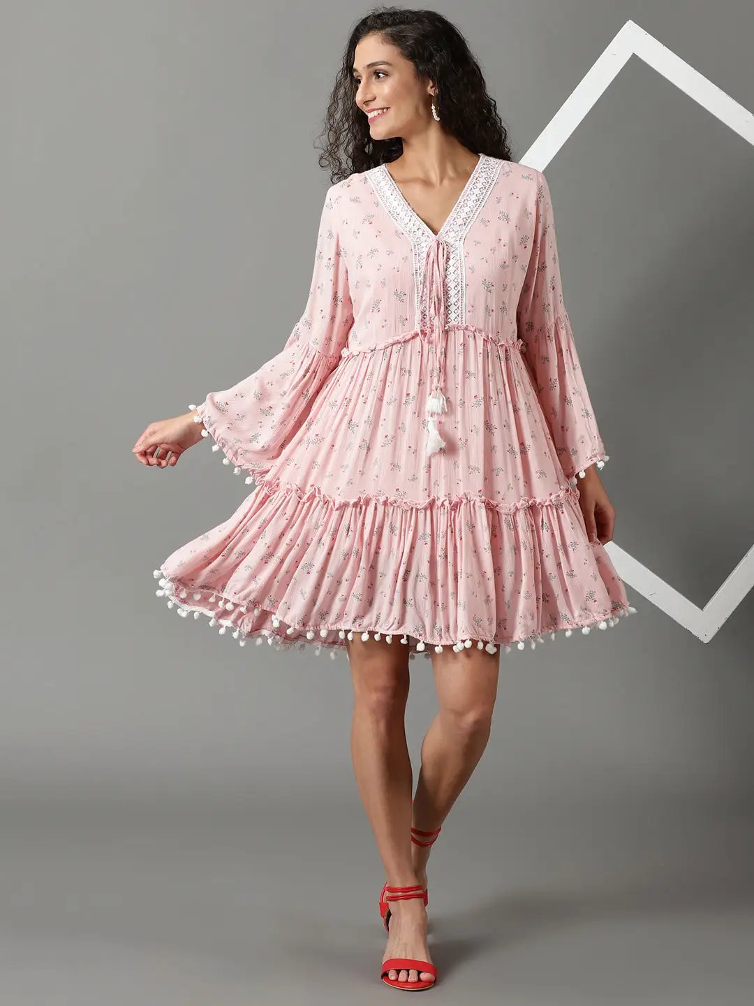 Women's Pink Printed Fit and Flare Dress