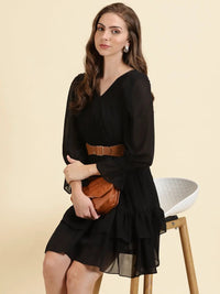 Women's Black V-Neck Fit & Flare Dress